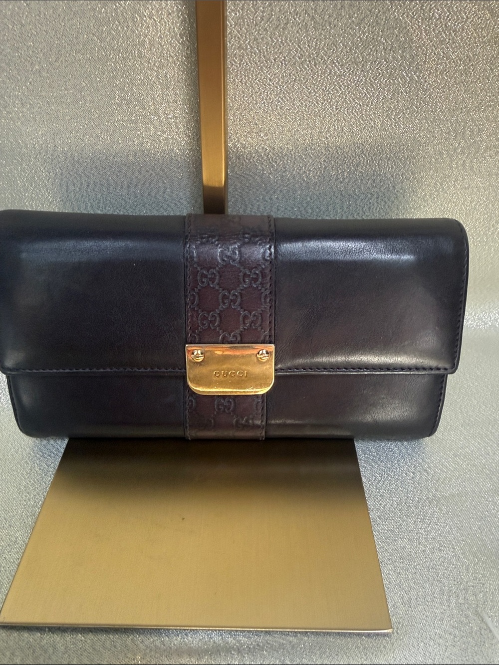 Gucci Brown Leather Long Wallet with Gold-Tone Hardware and Snap front